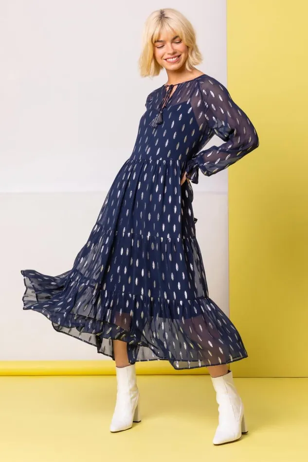 Foil Print Shimmer Chiffon Tiered Dress Women Roman Dresses