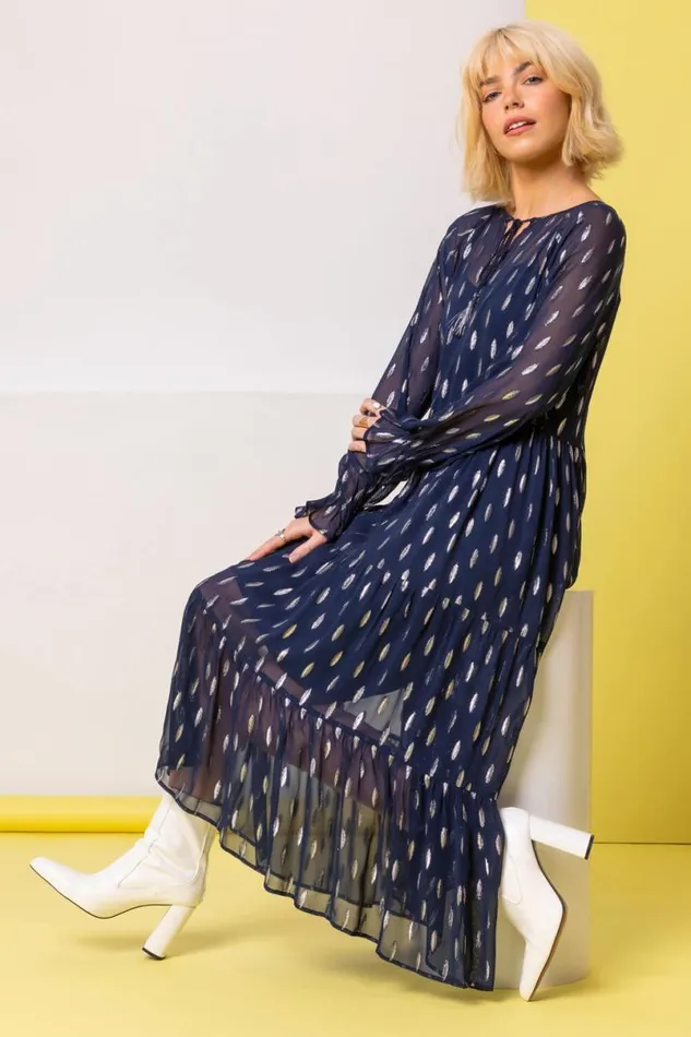 Foil Print Shimmer Chiffon Tiered Dress Women Roman Dresses