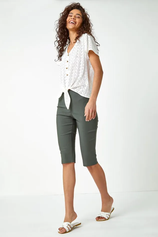 Forest Elastic Waist Knee Length Stretch Shorts Women Roman Coords