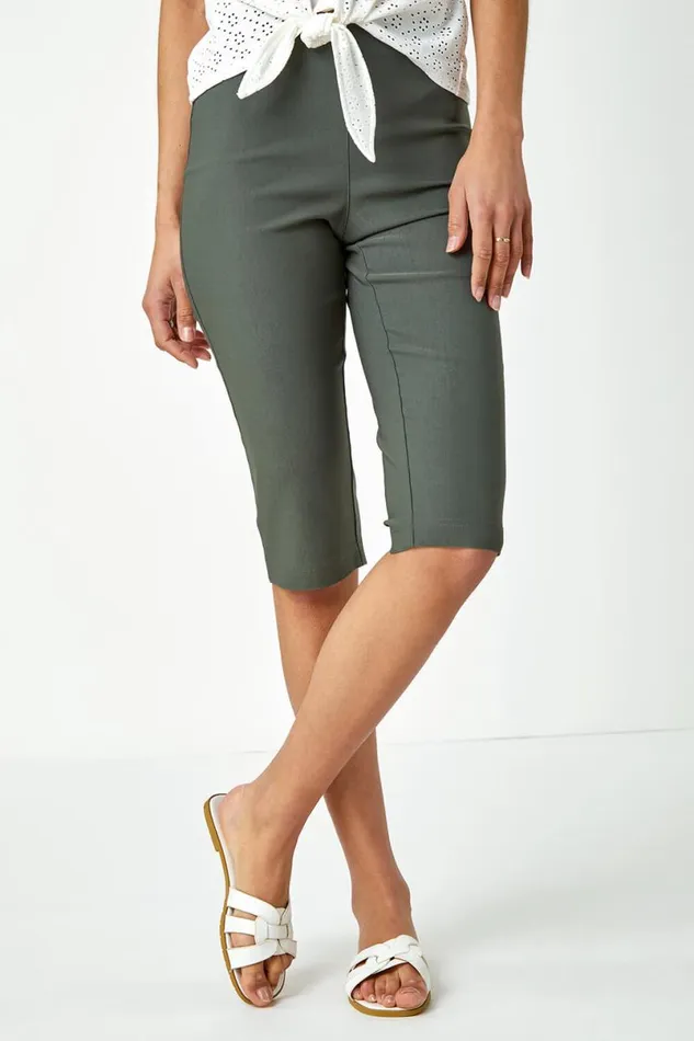 Forest Elastic Waist Knee Length Stretch Shorts Women Roman Coords