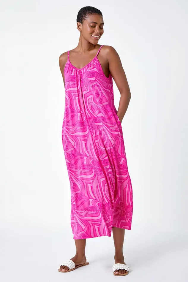 Fuchsia Abstract Stretch Jersey Pocket Midi Dress Women Roman Dresses