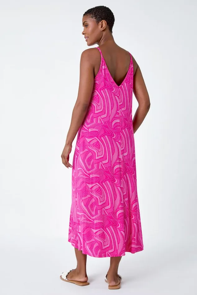 Fuchsia Abstract Stretch Jersey Pocket Midi Dress Women Roman Dresses