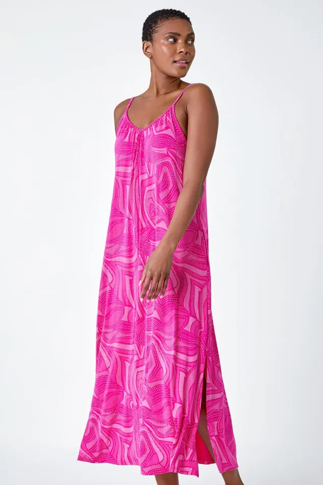 Fuchsia Abstract Stretch Jersey Pocket Midi Dress Women Roman Dresses