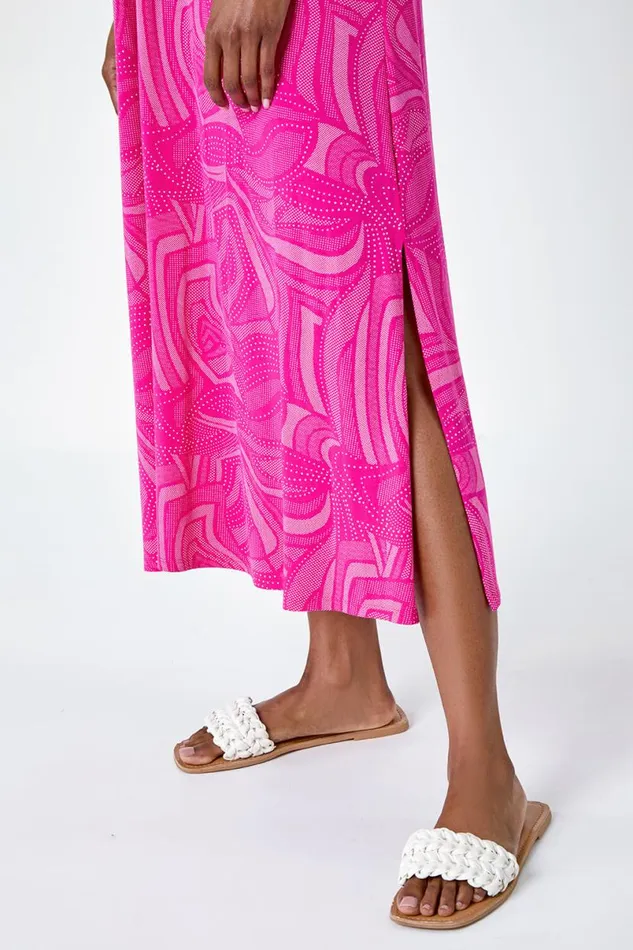 Fuchsia Abstract Stretch Jersey Pocket Midi Dress Women Roman Dresses