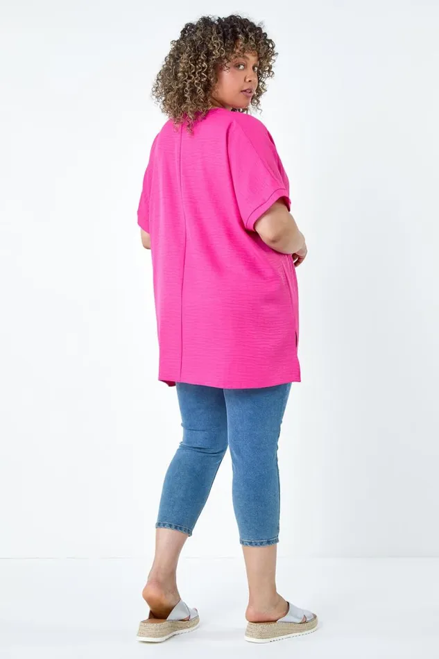Fuchsia Curve Linen Look VNeck Longline Top Women Roman Tops