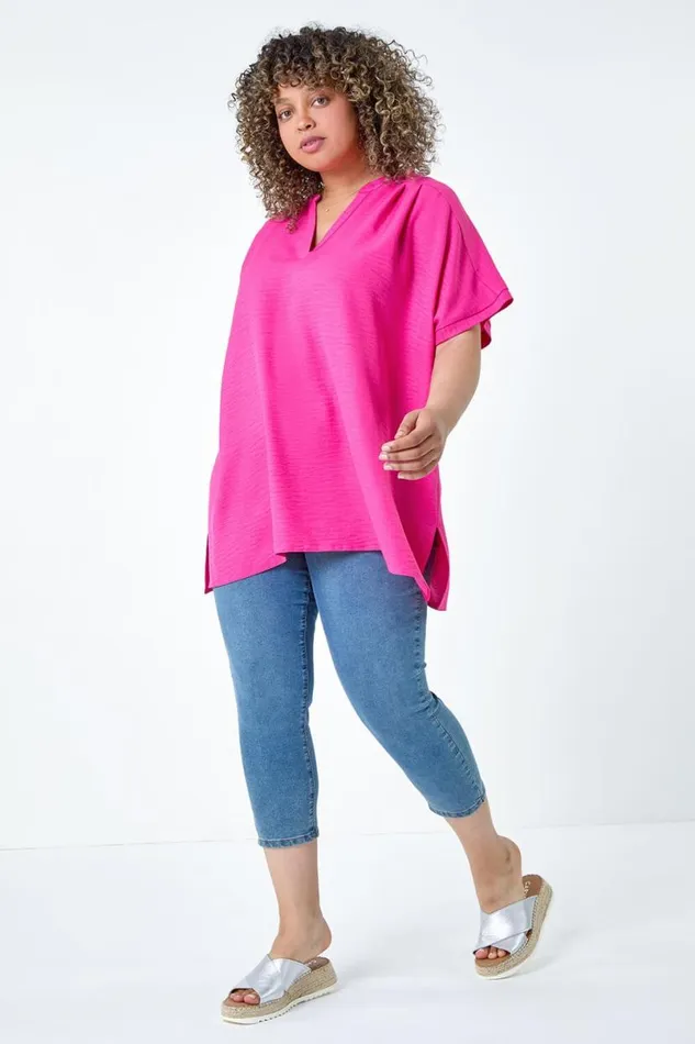 Fuchsia Curve Linen Look VNeck Longline Top Women Roman Tops