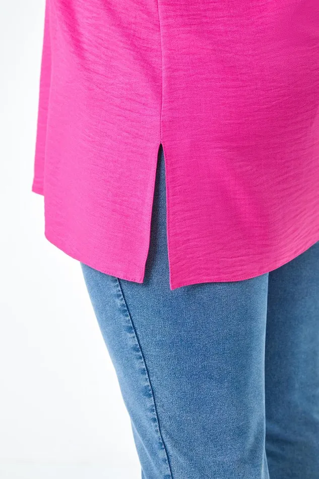Fuchsia Curve Linen Look VNeck Longline Top Women Roman Tops