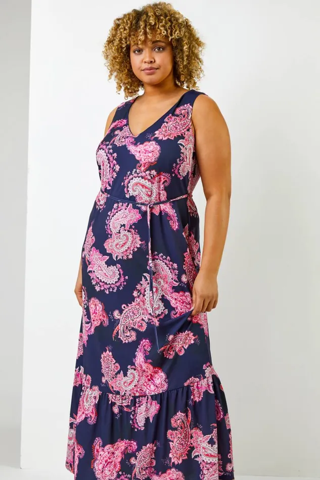 Fuchsia Curve Paisley Print Maxi Dress Women Roman Dresses