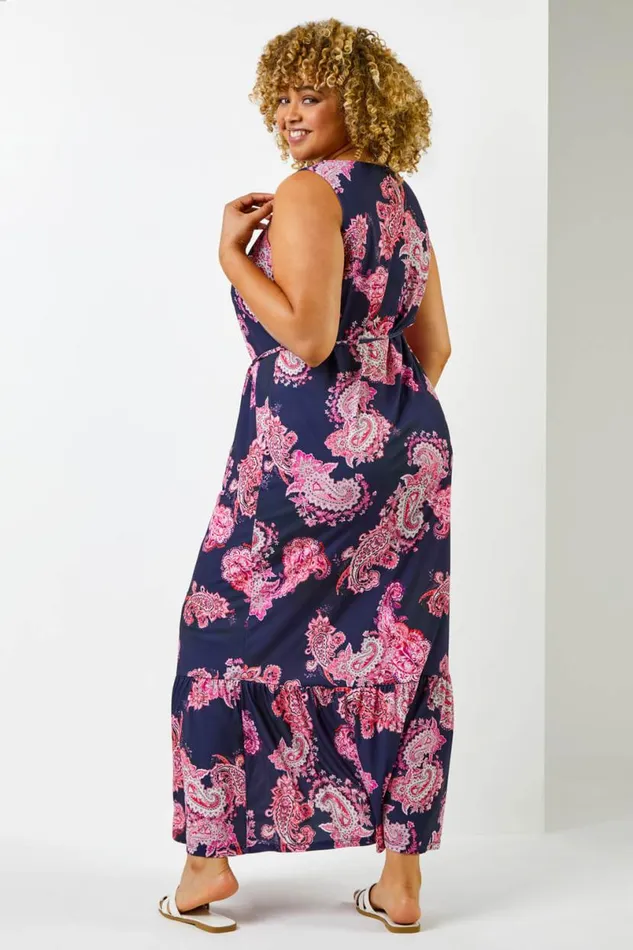 Fuchsia Curve Paisley Print Maxi Dress Women Roman Dresses