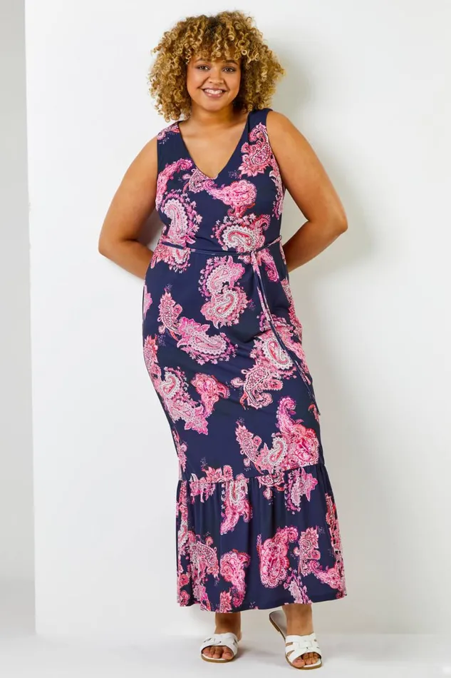 Fuchsia Curve Paisley Print Maxi Dress Women Roman Dresses