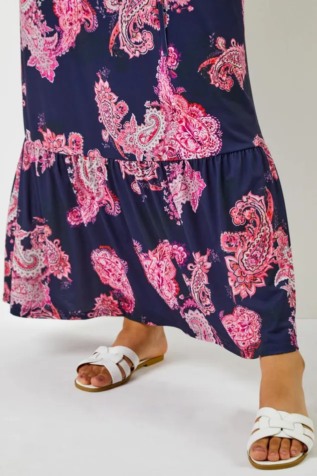 Fuchsia Curve Paisley Print Maxi Dress Women Roman Dresses