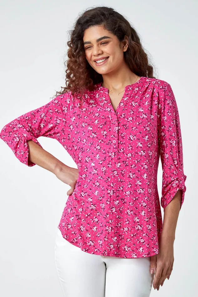 Fuchsia Ditsy Floral Notch Neck Stretch Top Women Roman Tops