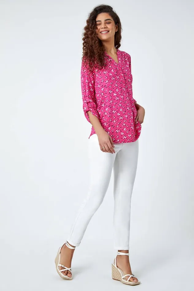 Fuchsia Ditsy Floral Notch Neck Stretch Top Women Roman Tops