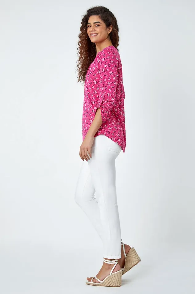Fuchsia Ditsy Floral Notch Neck Stretch Top Women Roman Tops