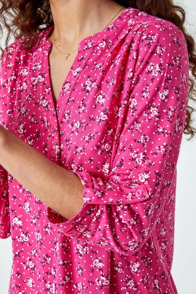 Fuchsia Ditsy Floral Notch Neck Stretch Top Women Roman Tops