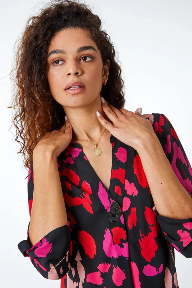 Fuchsia Longline Button Detail Animal Top Women Roman Tops
