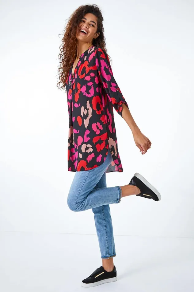 Fuchsia Longline Button Detail Animal Top Women Roman Tops