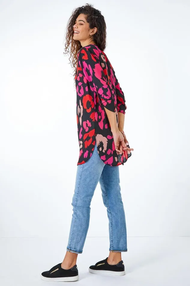Fuchsia Longline Button Detail Animal Top Women Roman Tops