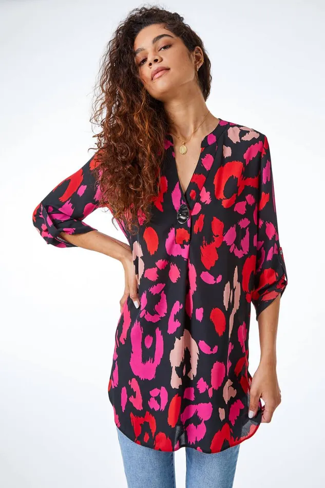 Fuchsia Longline Button Detail Animal Top Women Roman Tops