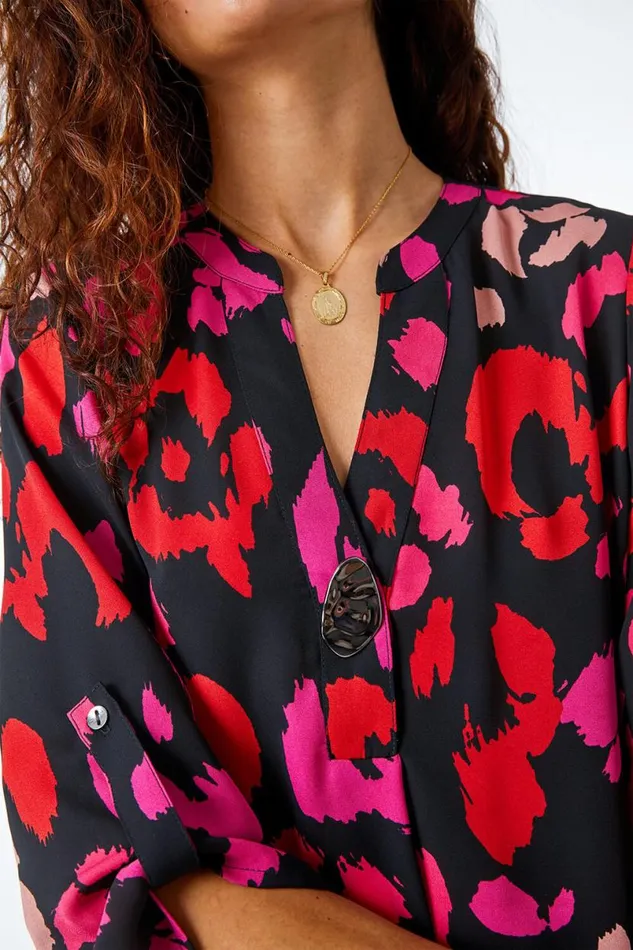Fuchsia Longline Button Detail Animal Top Women Roman Tops