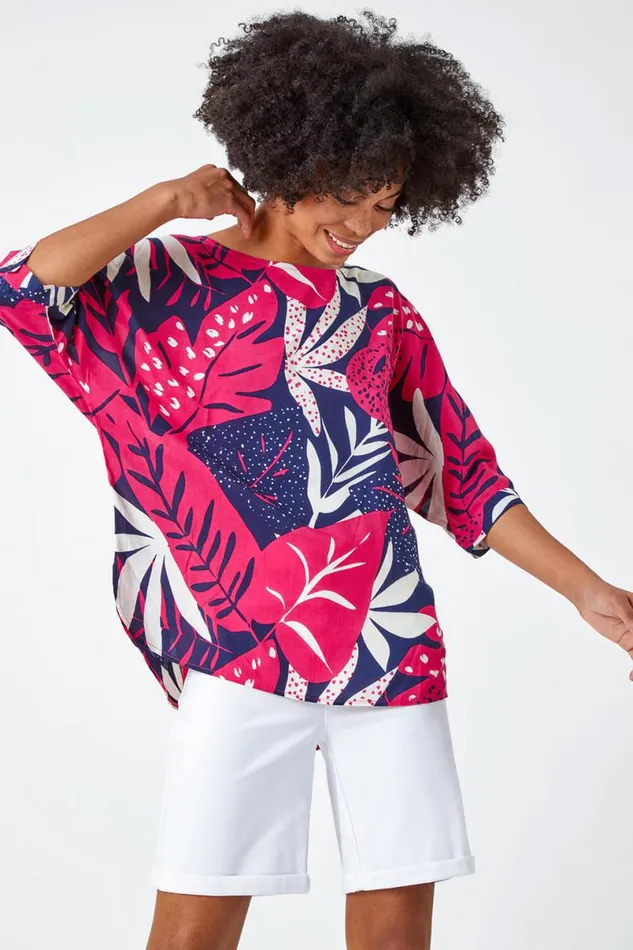 Fuchsia Palm Print Tunic Top Women Roman Tops