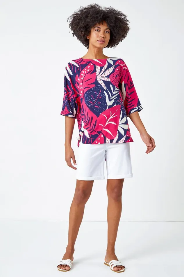 Fuchsia Palm Print Tunic Top Women Roman Tops