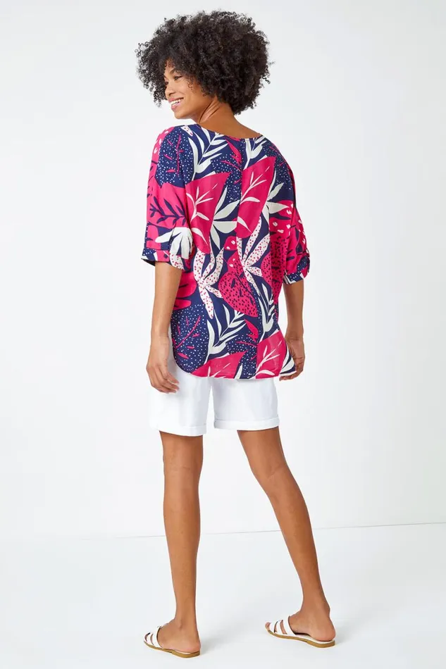 Fuchsia Palm Print Tunic Top Women Roman Tops