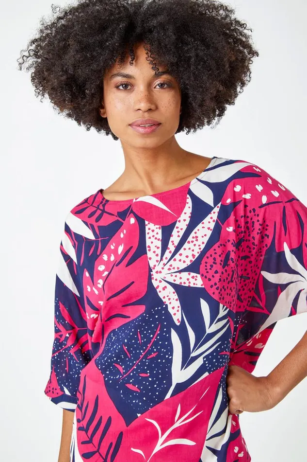Fuchsia Palm Print Tunic Top Women Roman Tops