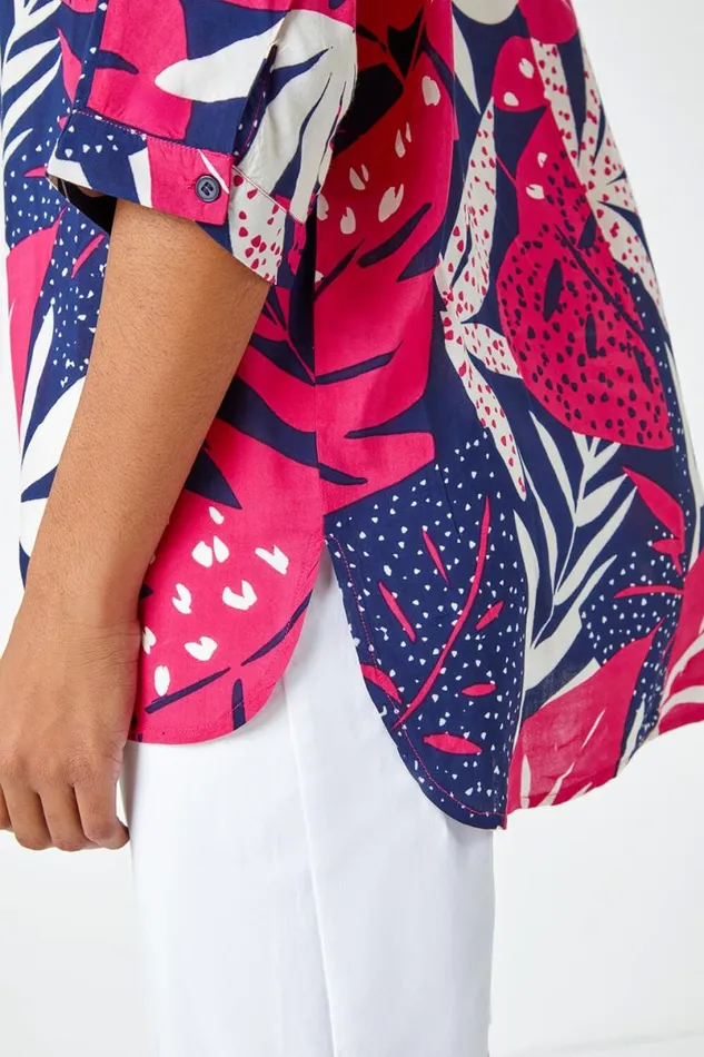 Fuchsia Palm Print Tunic Top Women Roman Tops