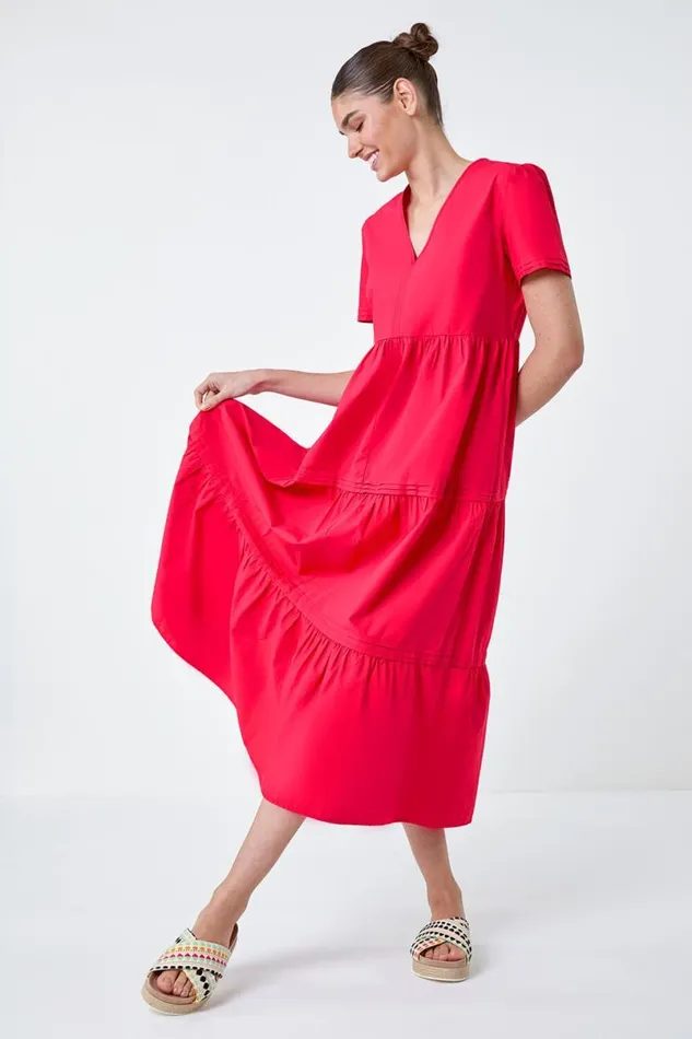 Fuchsia Plain Cotton Tiered Maxi Dress Women Roman Dresses