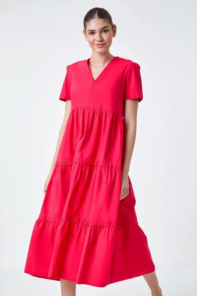 Fuchsia Plain Cotton Tiered Maxi Dress Women Roman Dresses