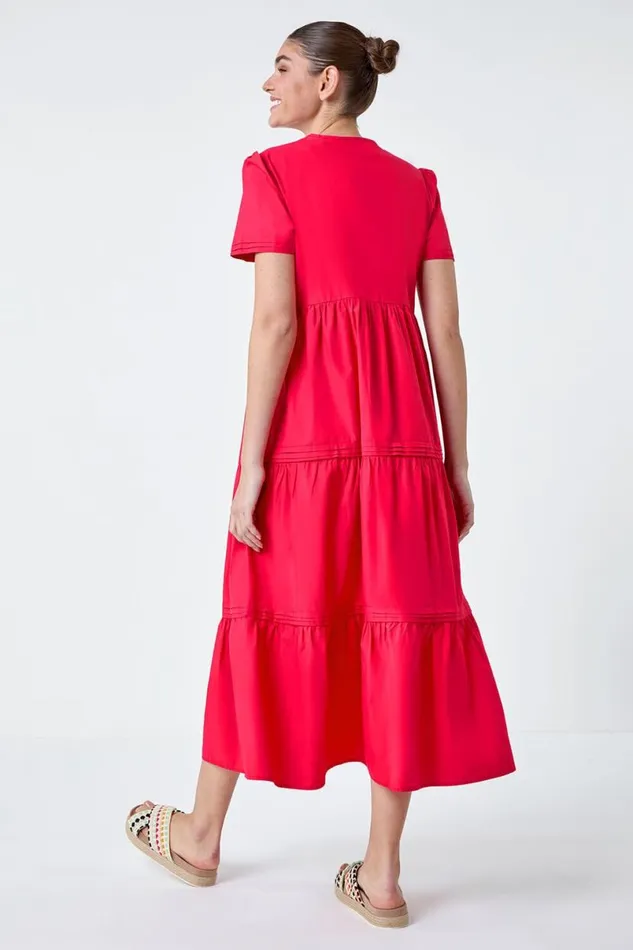 Fuchsia Plain Cotton Tiered Maxi Dress Women Roman Dresses