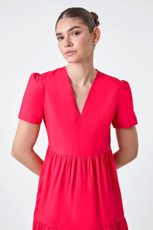 Fuchsia Plain Cotton Tiered Maxi Dress Women Roman Dresses