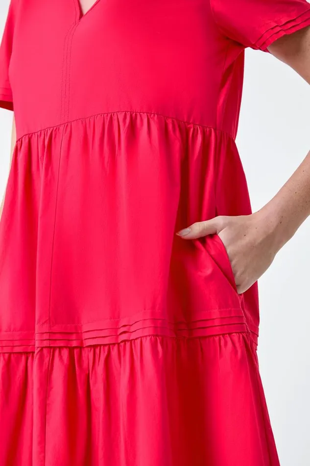Fuchsia Plain Cotton Tiered Maxi Dress Women Roman Dresses