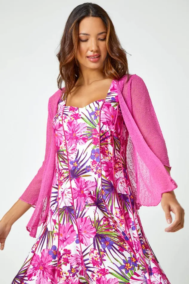 Fuchsia Textured Pointelle Detail Shrug Women Roman Knitwear