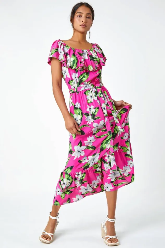 Fuchsia Tropical Bardot Stretch Midi Dress Women Roman Dresses