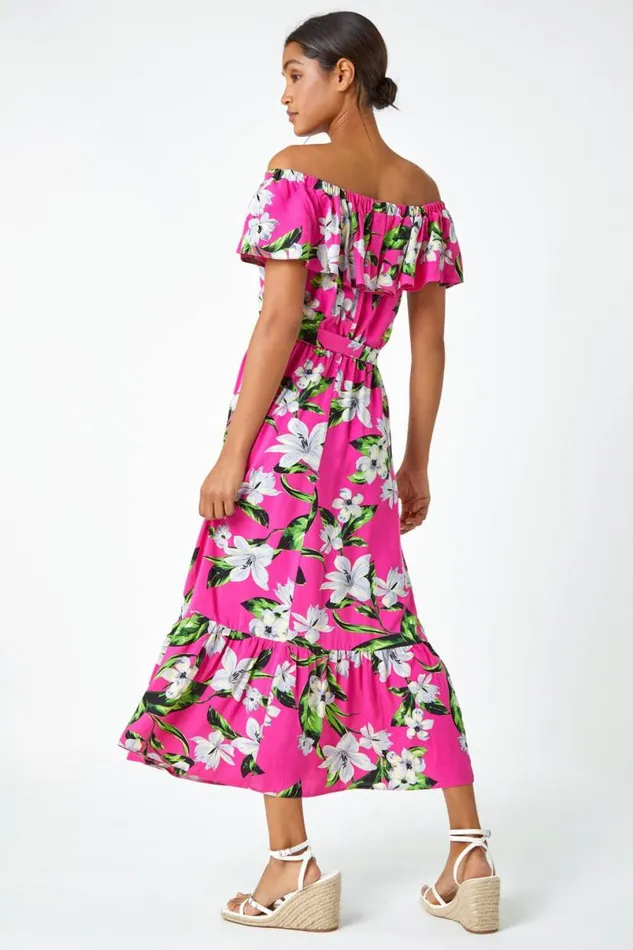 Fuchsia Tropical Bardot Stretch Midi Dress Women Roman Dresses