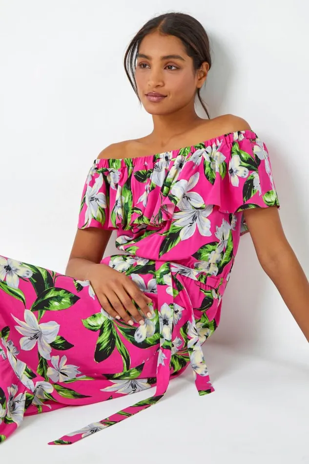 Fuchsia Tropical Bardot Stretch Midi Dress Women Roman Dresses