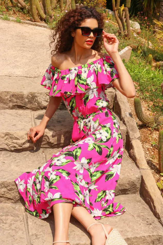 Fuchsia Tropical Bardot Stretch Midi Dress Women Roman Dresses