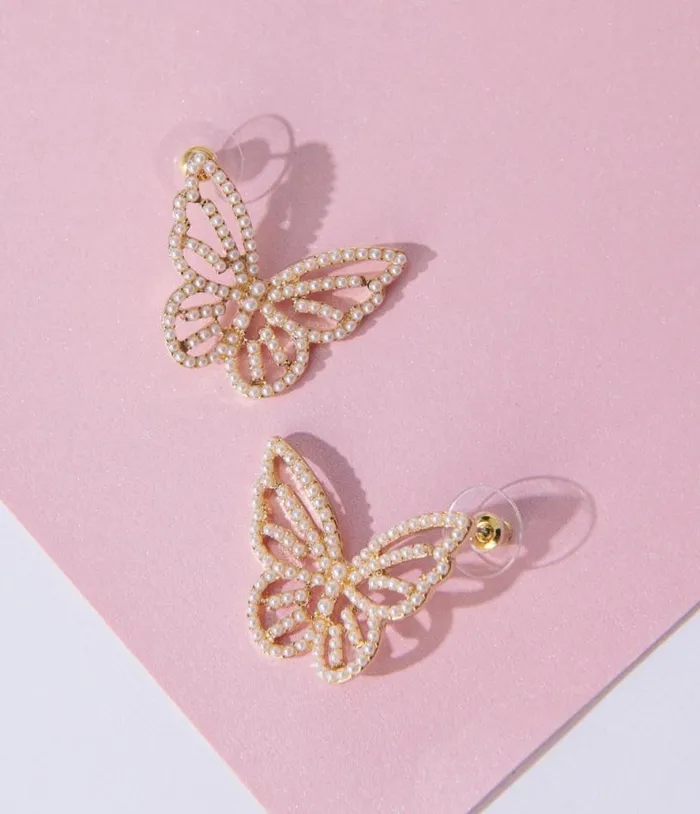 Gold and Faux Pearl Butterfly Cutout Earrings Accessories Unique Vintage Earrings