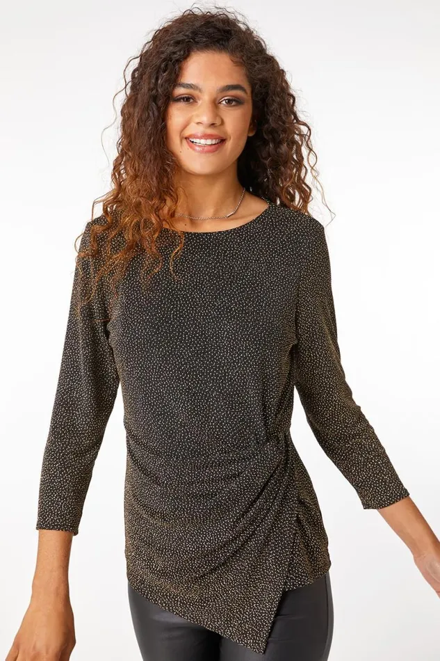 Gold Glitter Twist Detail Stretch Top Women Roman Tops