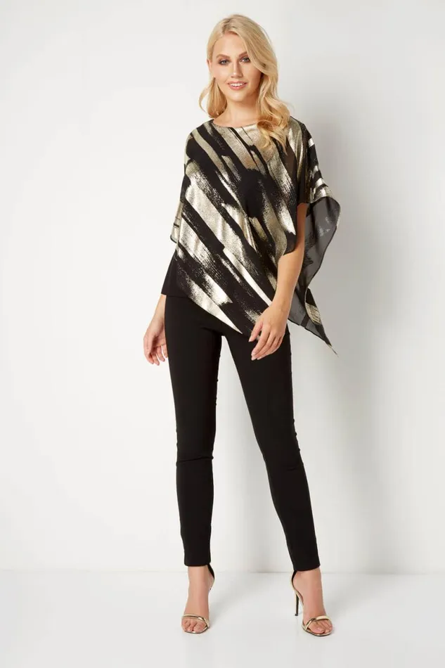 Gold Metallic Foil Stripe Overlay Top Women Roman Tops