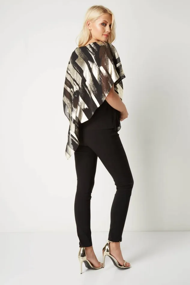 Gold Metallic Foil Stripe Overlay Top Women Roman Tops