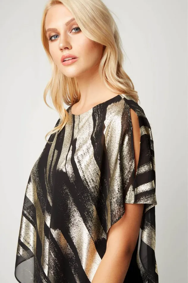 Gold Metallic Foil Stripe Overlay Top Women Roman Tops