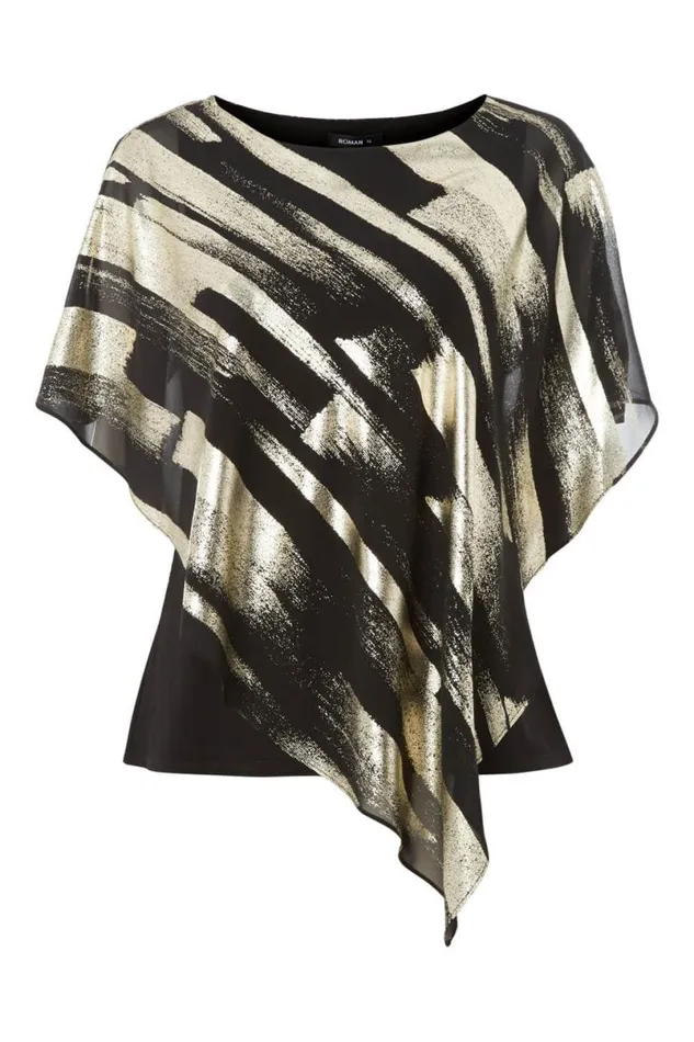 Gold Metallic Foil Stripe Overlay Top Women Roman Tops