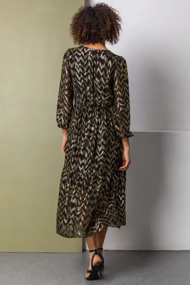Gold Metallic Zig Zag Tiered Midi Dress Women Roman Dresses