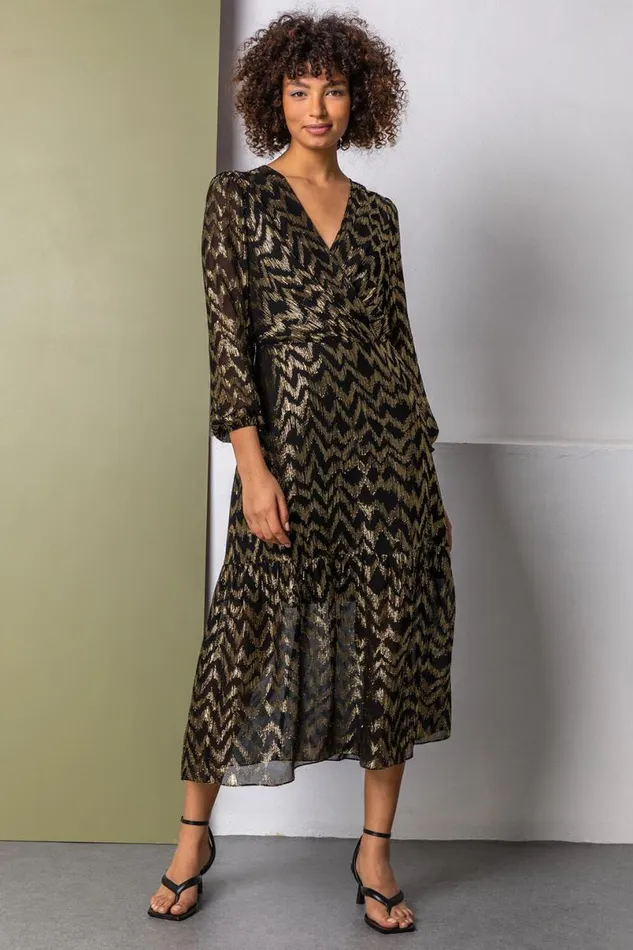 Gold Metallic Zig Zag Tiered Midi Dress Women Roman Dresses