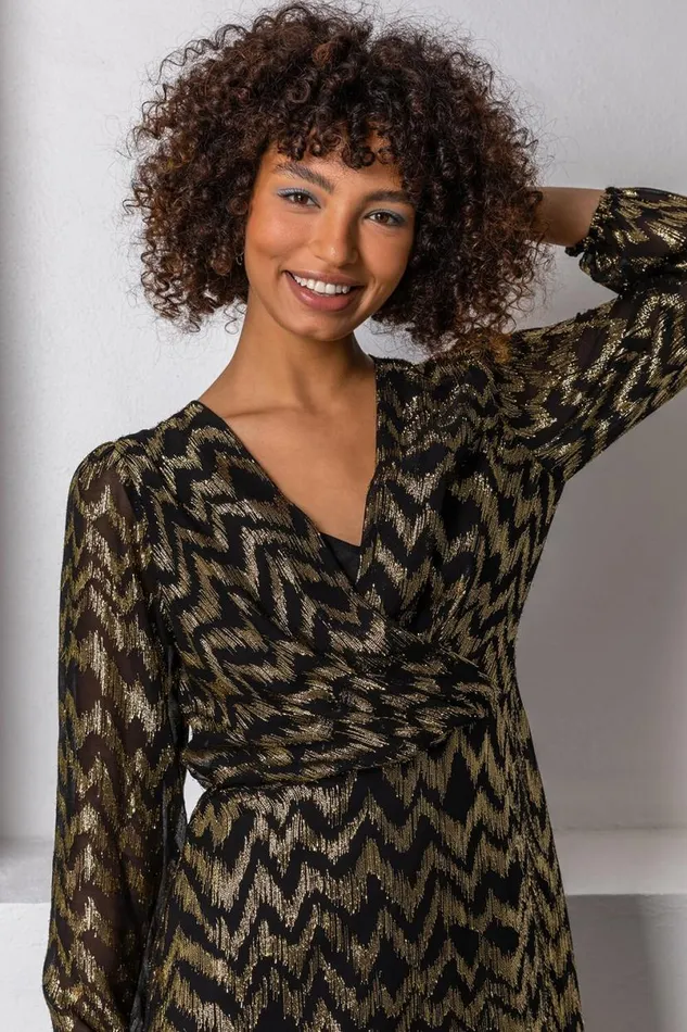 Gold Metallic Zig Zag Tiered Midi Dress Women Roman Dresses