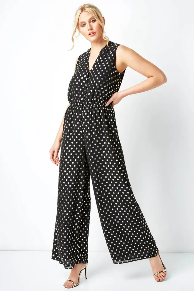 Gold Polka Dot Button Detail Jumpsuit Women Roman Jumpsuits and Playsuits