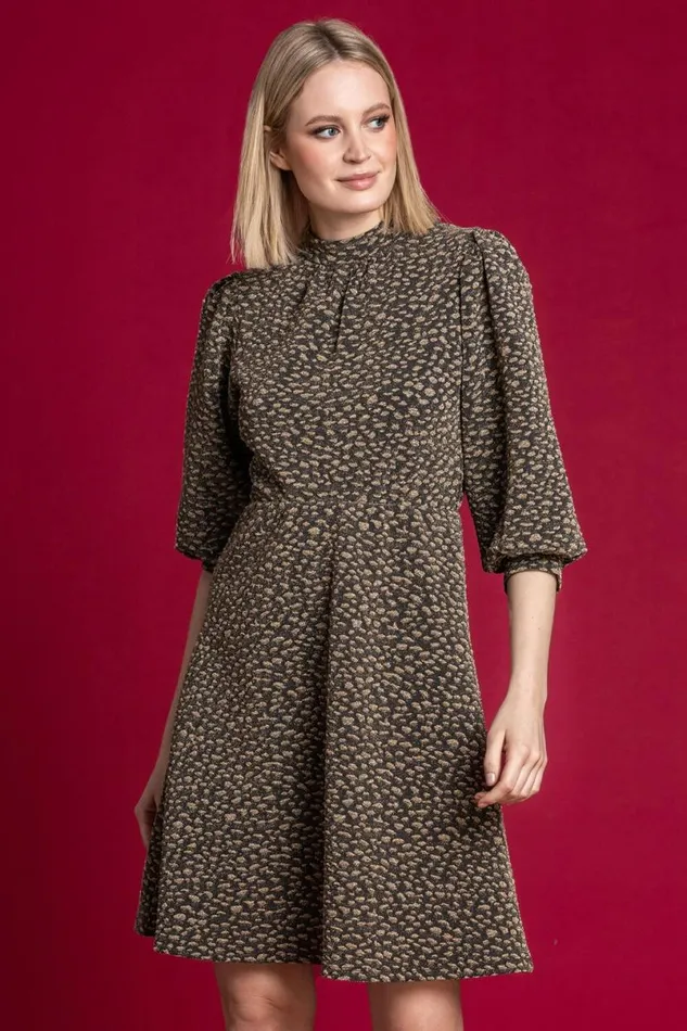 Gold Shimmer Leopard Print Fit and Flare Dress Women Roman Dresses
